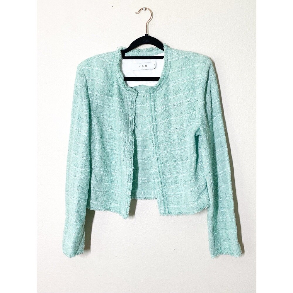 IRO Zamia Tweed Jacket 36 US 4 Small Aqua Mint Green Open Front Cotton Blend